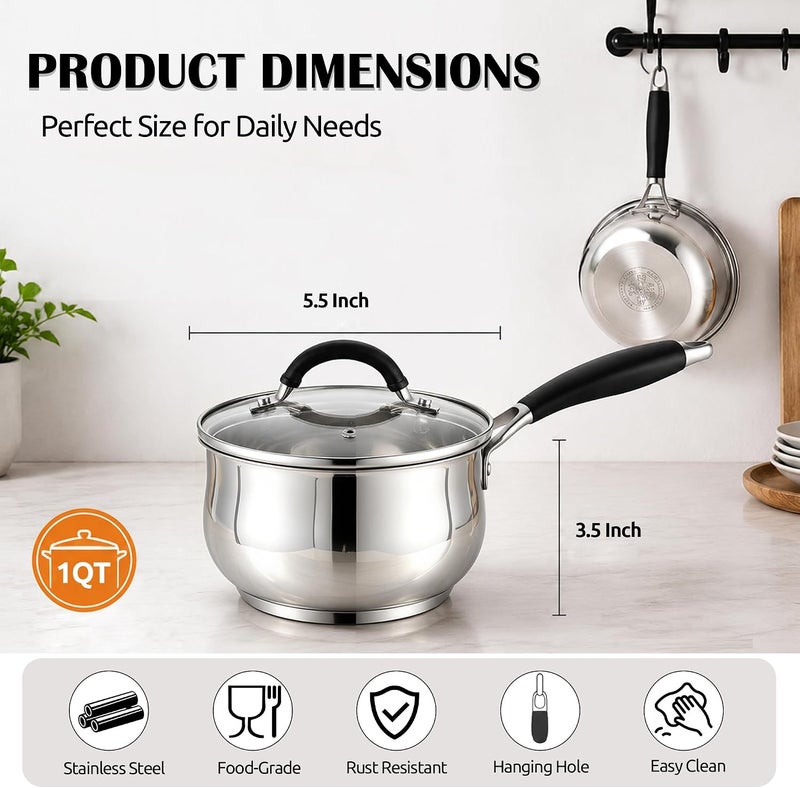 1 Quart Sauce Pan with Lid, Tri-Ply Base Stainless Steel Small Saucepan with Stay-Cool Handle, Non-toxic Kitchen Cooking Sauce Pot, Compatible with All Cooktops, Dishwasher Safe - Image 2