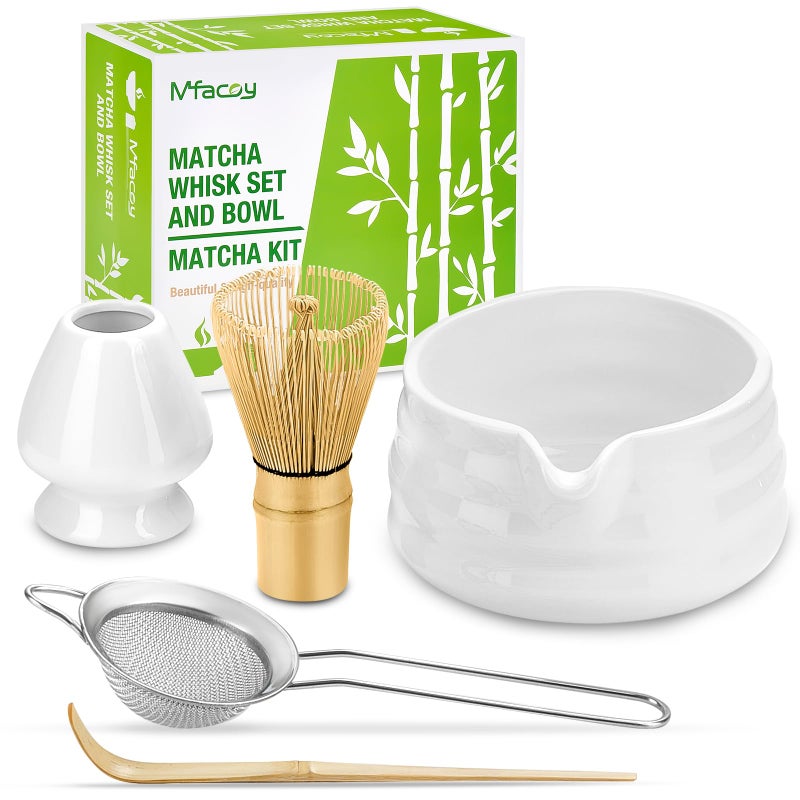 Matcha Whisk Set Japanese Tea Set 5pcs includes Matcha Bowl with Spout 19 oz Bamboo Whisk and Matcha Scoop Whisk Holder Stainless Steel Sifter Tea Making Tools Matcha Kit