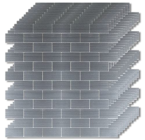 XUANINY Peel and Stick Metal Backsplash Tiles, Self Adhesive Aluminum Mosaic 3D Wall Sticker for Kitchen (Subway Stainless Steel, 10 Sheets) - Image 1