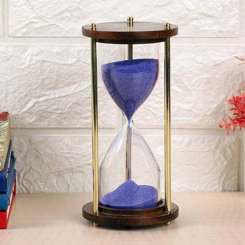 Wooden Base, Gold Posts, Glass Display Nautical Vintage Style Brass and Wood Purple Sand Timer Sand Glass Hour Glass Sand Clock Ideal for Exercise Making Tea 5 Minutes 6 Inches - Image 1