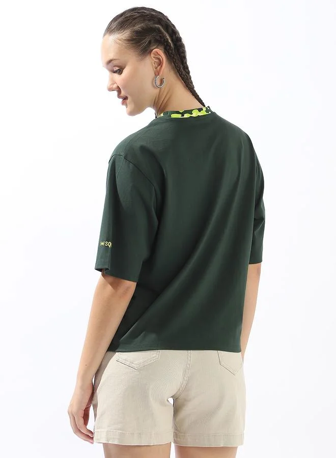 HIGH STAR Women's Green 100% Cotton Solid Oversized T-Shirt