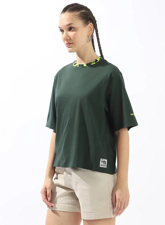 HIGH STAR Women's Green 100% Cotton Solid Oversized T-Shirt