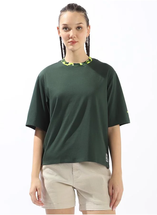 هاي ستار Women's Green 100% Cotton Solid Oversized T-Shirt