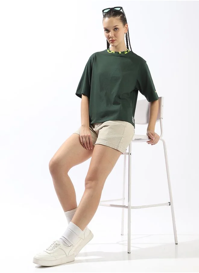 هاي ستار Women's Green 100% Cotton Solid Oversized T-Shirt