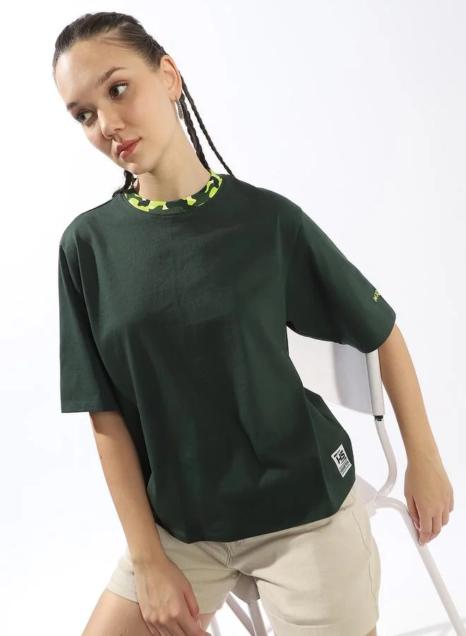 HIGH STAR Women's Green 100% Cotton Solid Oversized T-Shirt