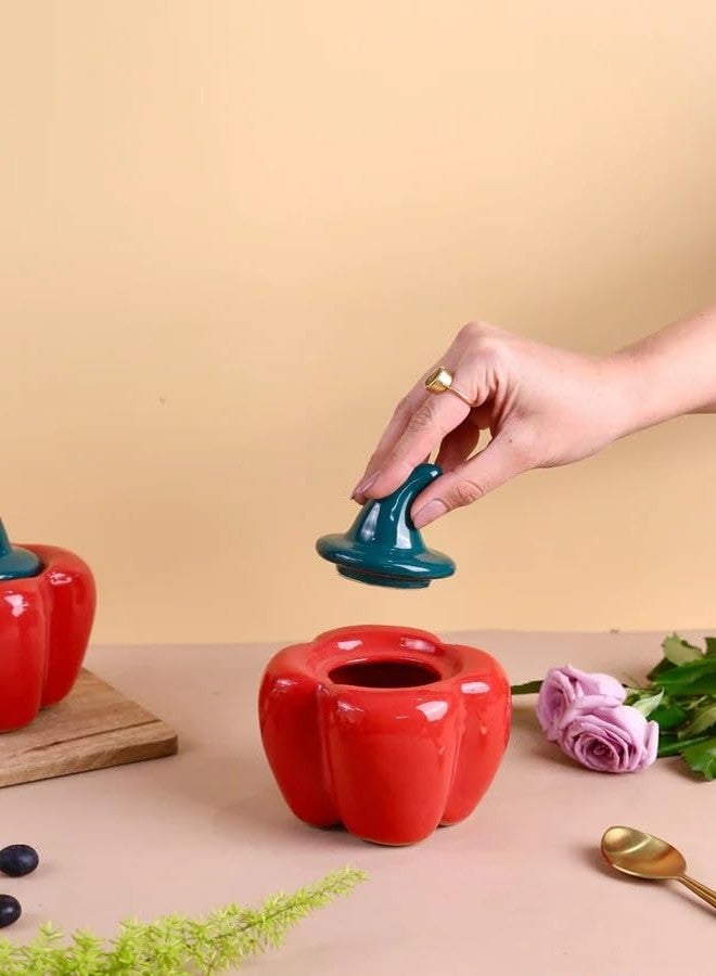 WEDONE Ceramic Airtight Capsicum Shaped Decorative Kitchen Storage Jar with Lid | Handcrafted Multipurpose Spices, Food Storage,Pickle and Chutney Jar For kitchen and Dining table (Red, 500 ML) - Image 3