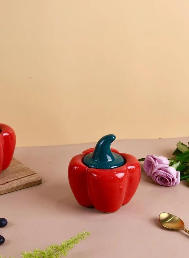 WEDONE Ceramic Airtight Capsicum Shaped Decorative Kitchen Storage Jar with Lid | Handcrafted Multipurpose Spices, Food Storage,Pickle and Chutney Jar For kitchen and Dining table (Red, 500 ML) - Image 2