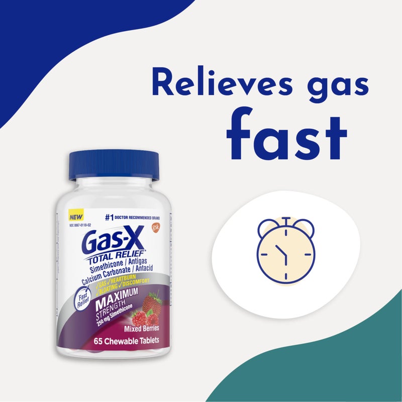 Gas-X Total Relief Chewable Tablets with Maximum Strength Gas Relief Simethicone 250 mg and Heartburn Relief Calcium Carbonate 750 mg, Bloating Relief, Mixed Berries - 65 Count - Image 5