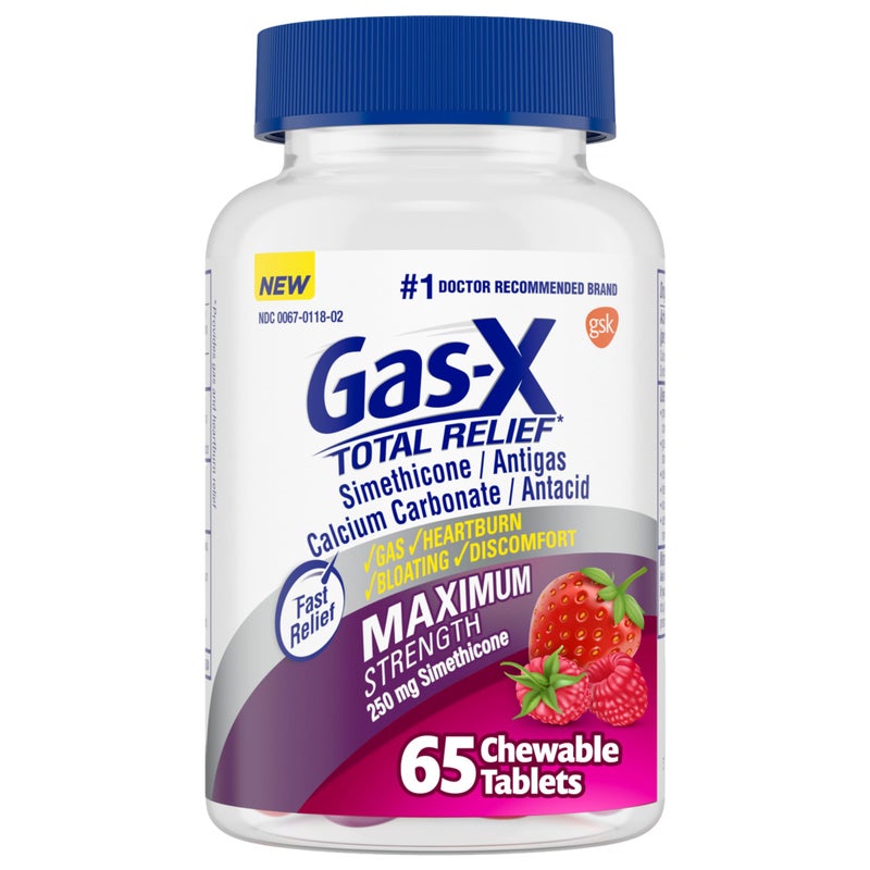 Gas-X Total Relief Chewable Tablets with Maximum Strength Gas Relief Simethicone 250 mg and Heartburn Relief Calcium Carbonate 750 mg, Bloating Relief, Mixed Berries - 65 Count - Image 1
