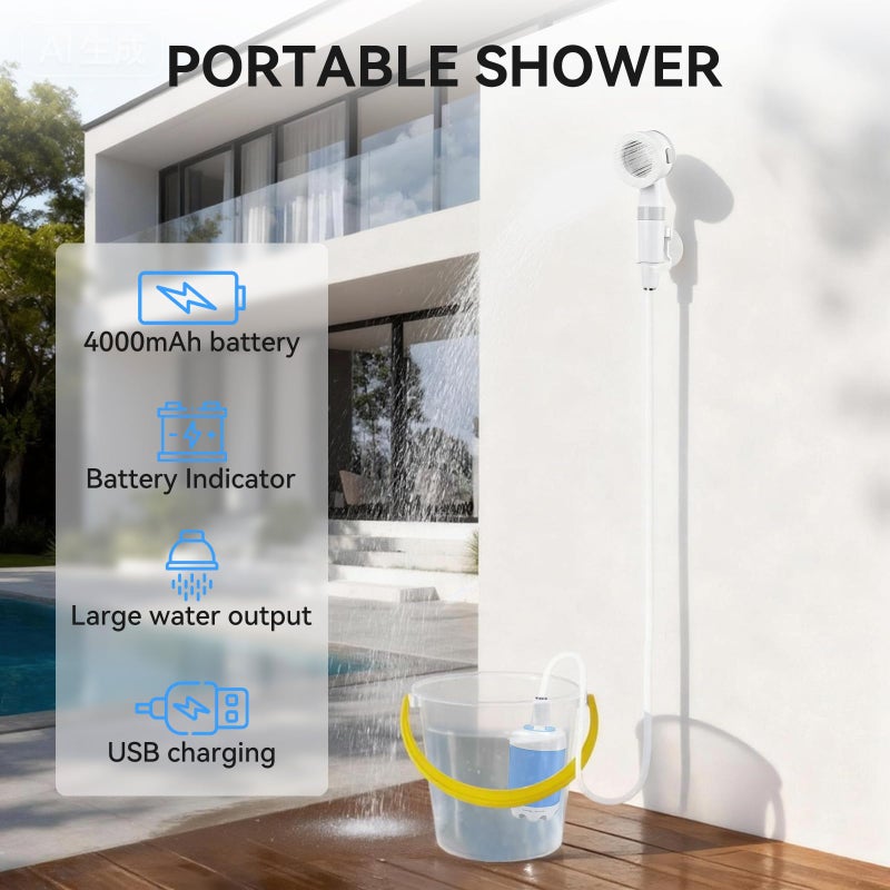 Mndstek Portable Shower, Portable Camping Shower Pump, USB Rechargeable Outdoor Showers, Waterproof Electric Portable Shower with 2 Spray Modes, 4000mah, For Camping, Hiking, Rv & Pet Cleaning (1 PACK) - Image 2
