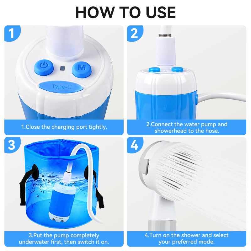 Mndstek Portable Shower, Portable Camping Shower Pump, USB Rechargeable Outdoor Showers, Waterproof Electric Portable Shower with 2 Spray Modes, 4000mah, For Camping, Hiking, Rv & Pet Cleaning (1 PACK) - Image 5
