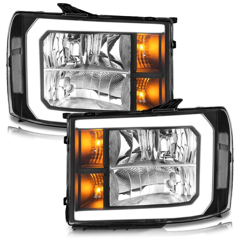 WEELMOTO DRL Headlights Assembly for 2007-2013 GMC Sierra 1500 - Black Housing with Clear Reflector