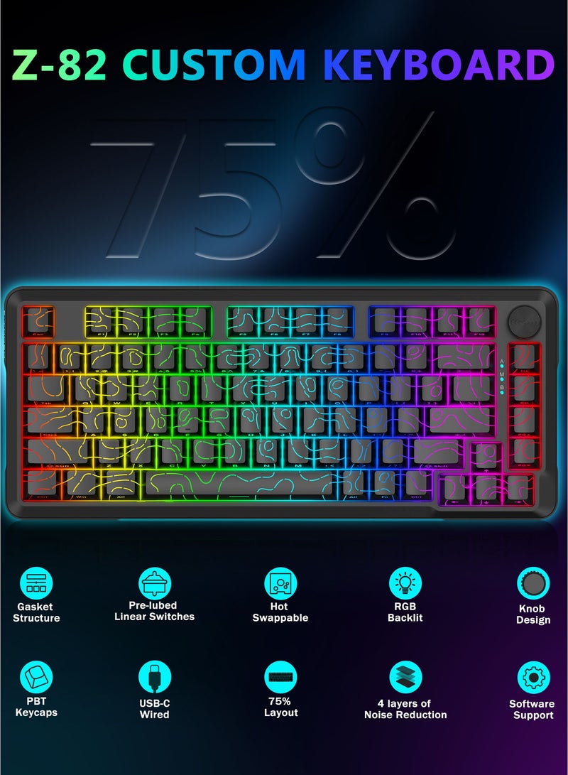 E-YOOSO Z-82 Topographic RGB Wired Mechanical Keyboard with Knob, 75% Gasket Hot Swappable Custom Gaming Keyboard, Side Printed PBT Keycaps, 81 Keys Compact Design﻿-Black - Image 2