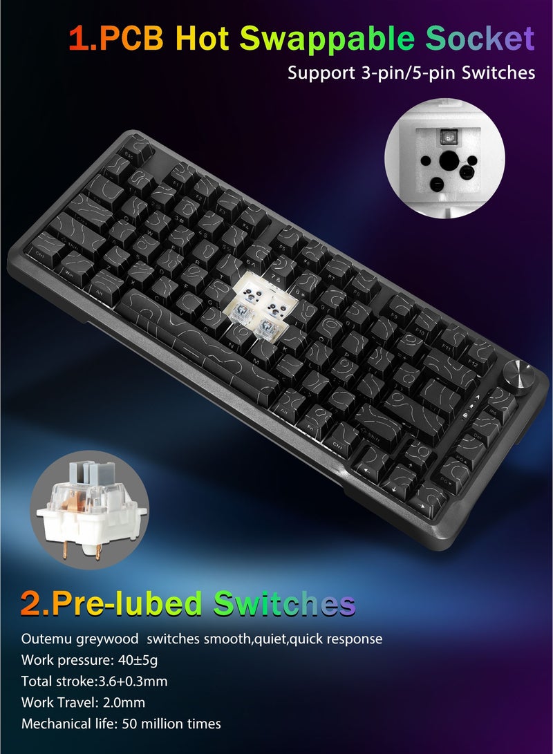 E-YOOSO Z-82 Topographic RGB Wired Mechanical Keyboard with Knob, 75% Gasket Hot Swappable Custom Gaming Keyboard, Side Printed PBT Keycaps, 81 Keys Compact Design﻿-Black - Image 5