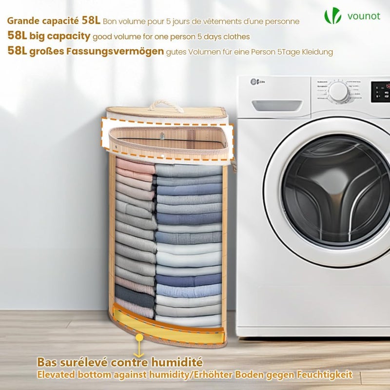 VOUNOT سلة غسيل من الخيزران VOUNOT® سعة 58 لتر، قابلة للطي مع غطاء و2 كيس قابل للإزالة، مناسبة لغرفة الحمام أو غرفة النوم أو غرفة الغسيل، بلون خشبي طبيعي - Image 4