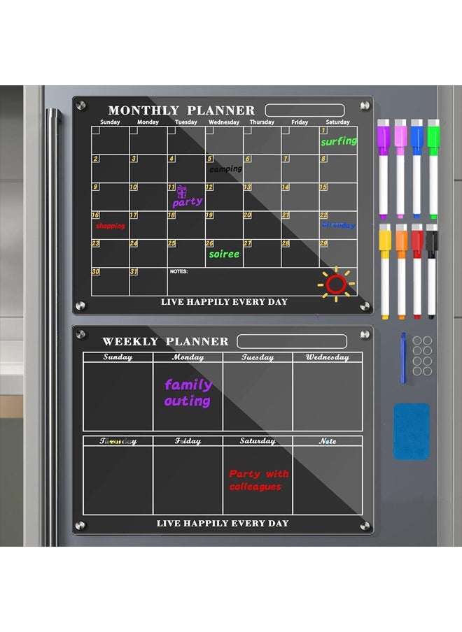 Zeemey 2Pcs Fridge Calendars Acrylic Magnetic Calendar for Refrigerator Fridge White Board Calendar Chalk Dry Erase Calendars Magnets Chalkboard Monthly Weekly Planner with 8 Highlight Markers,Clear Monthly and Weekly Calendar Planning Board Noteboard Refrigerator Dry Erase Board to Do/Grocery/Shopping List/Chore Chart  - Image 1