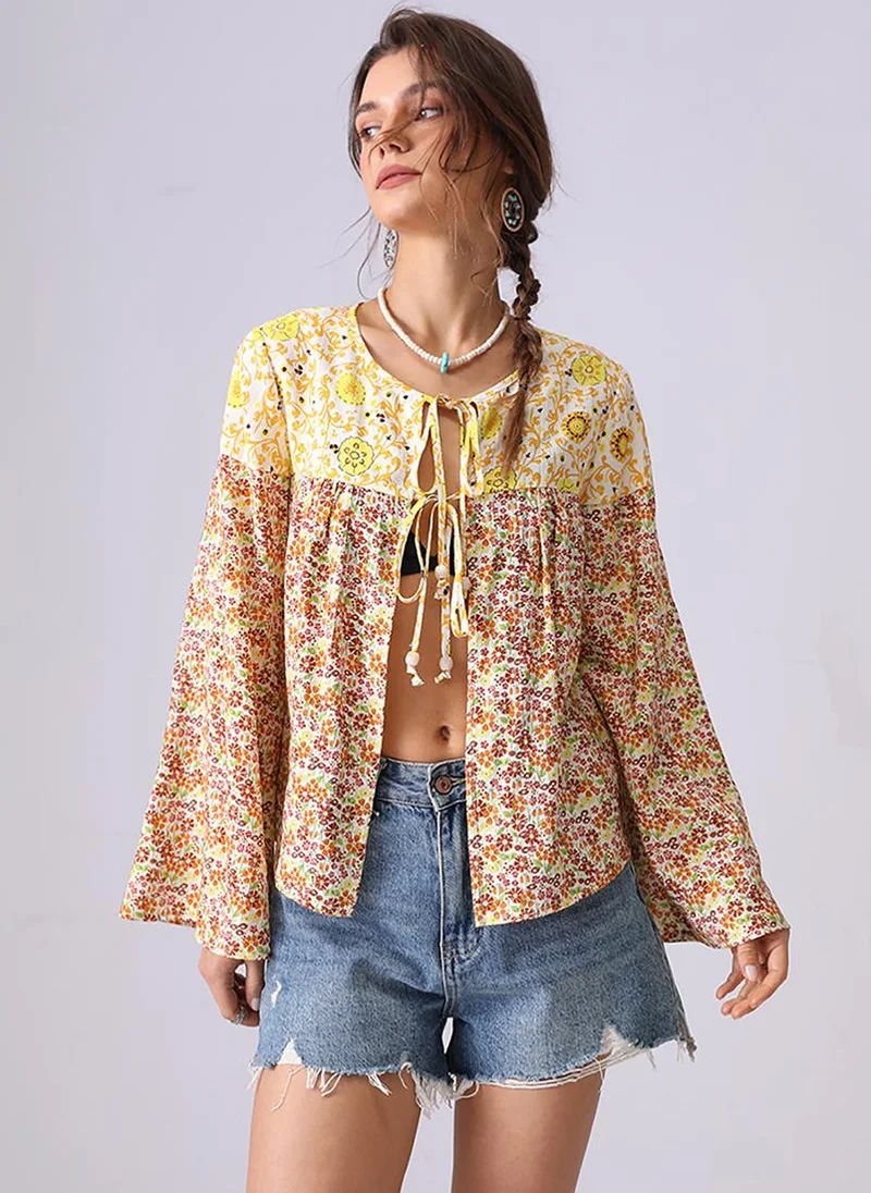 YUNIQEE Yellow Round Neck Long Sleeves A-Line Top