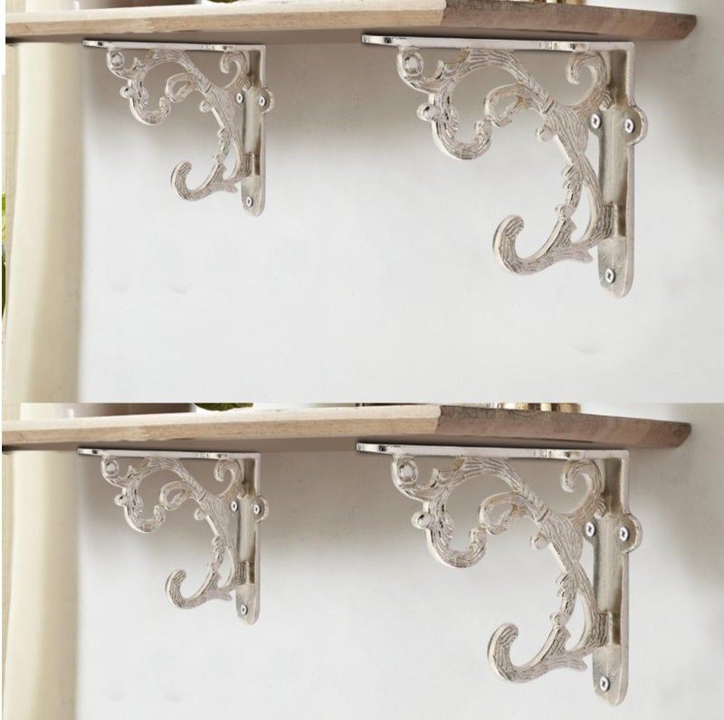 GHAR DWAR Metal Handcrafted Shelf Bracket for Floating Shelves L Angle Decorative L Shaped Corner Brace Joint Heavy Duty Wall Mounted Shelf Supporter Corner Brace Holder (Pack of 4, Silver) - Image 1