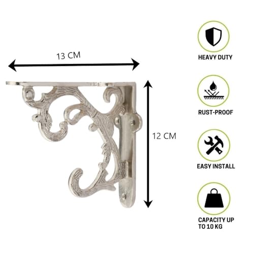 GHAR DWAR Metal Handcrafted Shelf Bracket for Floating Shelves L Angle Decorative L Shaped Corner Brace Joint Heavy Duty Wall Mounted Shelf Supporter Corner Brace Holder (Pack of 4, Silver) - Image 4