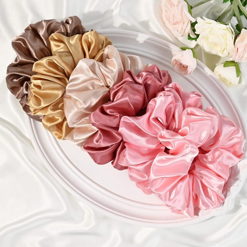 CEELGON Large Silk Satin Scrunchies for Women - Big Hair Ties for Thick Curly Hair - Pack of 6 (Pink, Champagne, Ivory, Gold) - Image 4