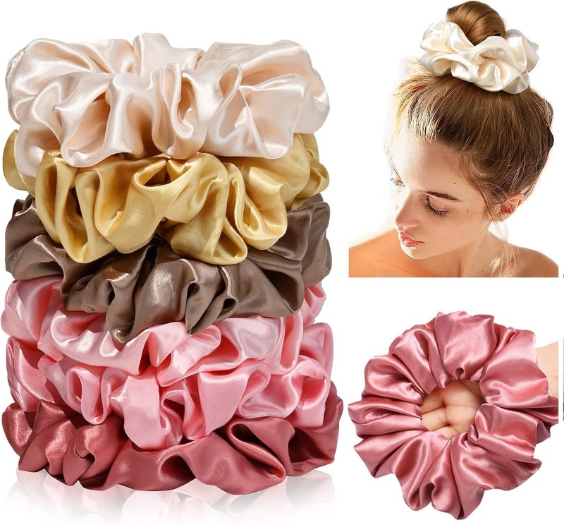CEELGON Large Silk Satin Scrunchies for Women - Big Hair Ties for Thick Curly Hair - Pack of 6 (Pink, Champagne, Ivory, Gold) - Image 1