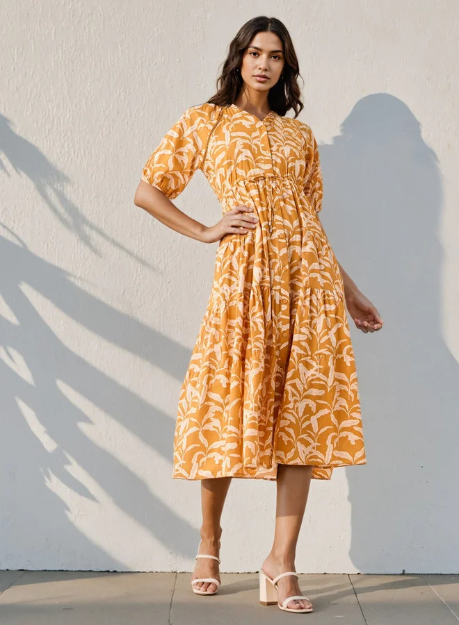 Splash FAV Printed Tiered Lace Insert Cotton Dress with Pockets