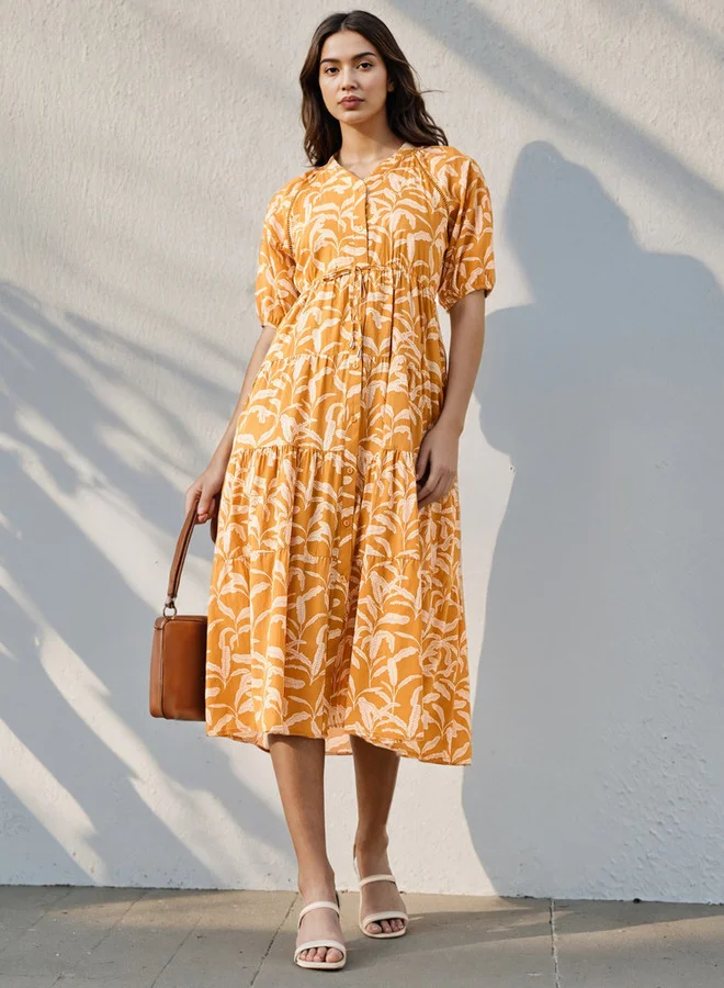 Splash FAV Printed Tiered Lace Insert Cotton Dress with Pockets