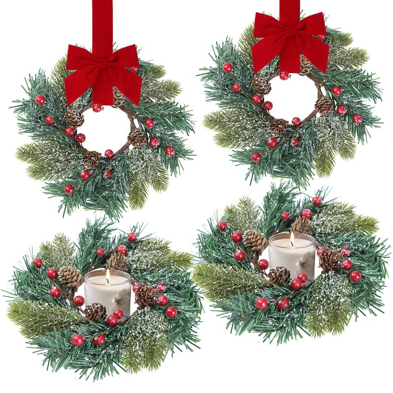 Sggvecsy 4 Pcs Christmas Candle Rings Norfolk Pine Wreath Table Centerpieces Artificial Red Berries Pinecones Small Wreaths Kitchen Cabinets Pillars Mini Candle Rings for Window Front Door Decor - Image 2