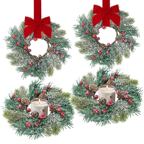 Sggvecsy 4 Pcs Christmas Candle Rings Norfolk Pine Wreath Table Centerpieces Artificial Red Berries Pinecones Small Wreaths Kitchen Cabinets Pillars Mini Candle Rings for Window Front Door Decor - Image 1