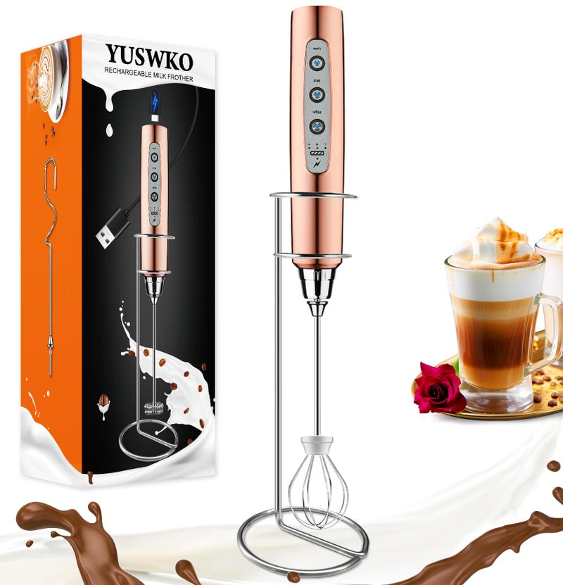 YUSWKO Rose Gold Handheld Milk Frother Wand with Stand for Coffee, Rechargeable Electric Whisk with 3 Heads 3 Speeds Drink Mixer Coffee Frother For Latte, Cappuccino, Hot Chocolate, Egg - Image 1