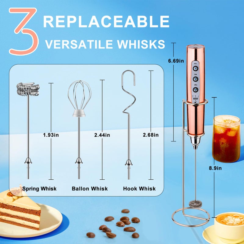 YUSWKO Rose Gold Handheld Milk Frother Wand with Stand for Coffee, Rechargeable Electric Whisk with 3 Heads 3 Speeds Drink Mixer Coffee Frother For Latte, Cappuccino, Hot Chocolate, Egg - Image 4