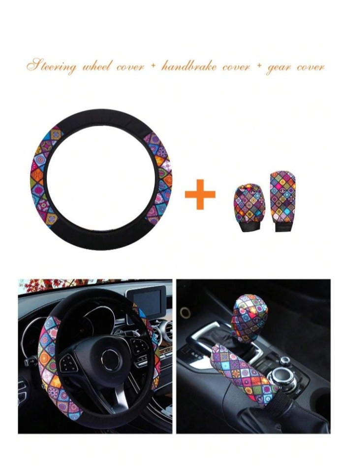 Generic Car Decoration – 3-Piece Car Accessories Set with a Beautiful Bohemian Print, Including 1 Steering Wheel Cover, 1 Handbrake Cover, and 1 Gear Shift Cover for Interior Protection & Styling - Image 4