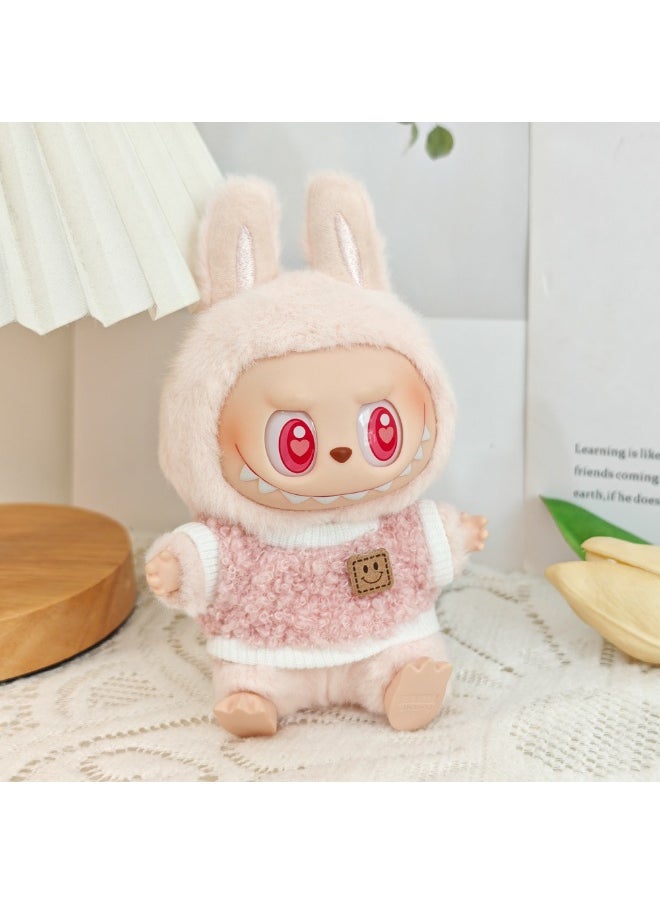 Generic 15cm and 17cm Labubu doll fashion style suit doll clothes Labubu clothes (three-piece set) - Clothing + light pink heart velvet hat + pink tilted small camera (doll not included)  - Image 3