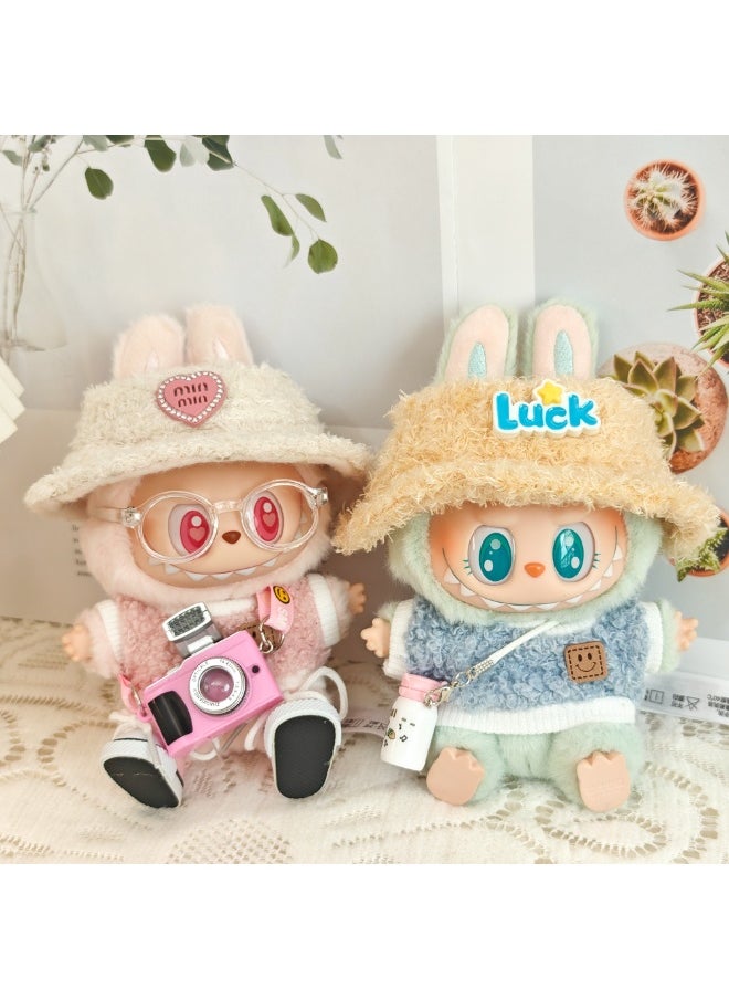 Generic 15cm and 17cm Labubu doll fashion style suit doll clothes Labubu clothes (three-piece set) - Clothing + light pink heart velvet hat + pink tilted small camera (doll not included)  - Image 2