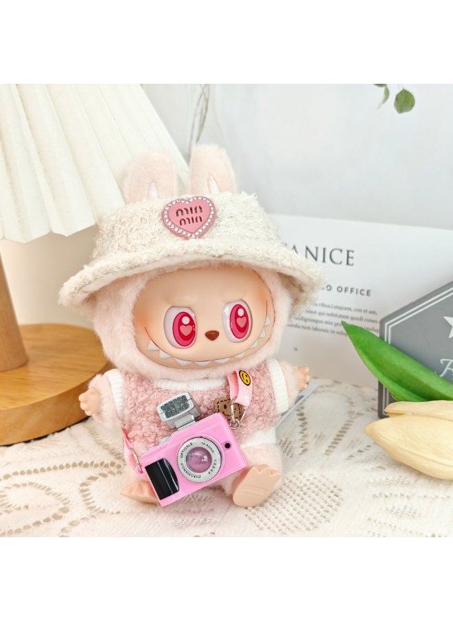 Generic 15cm and 17cm Labubu doll fashion style suit doll clothes Labubu clothes (three-piece set) - Clothing + light pink heart velvet hat + pink tilted small camera (doll not included)  - Image 1
