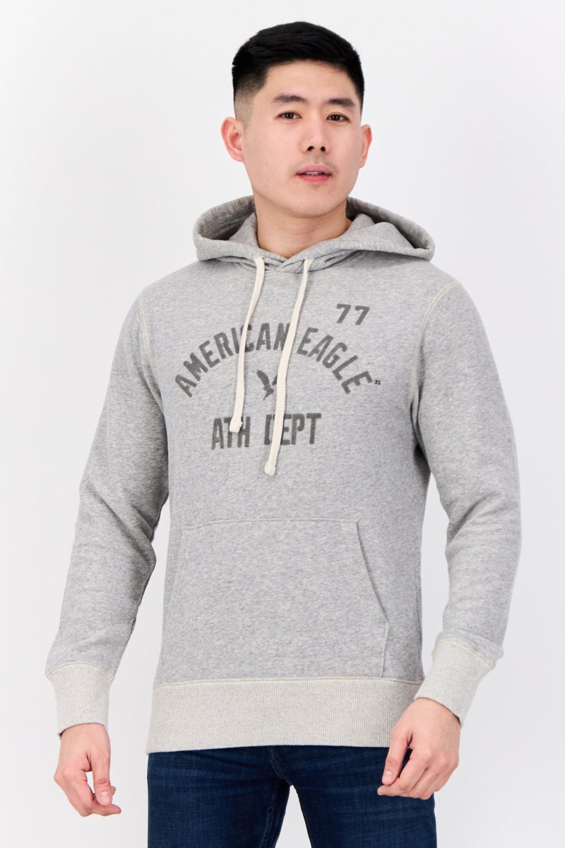 American Eagle Men Brand Logo Long Sleeve Hoodie, Grey - Image 1