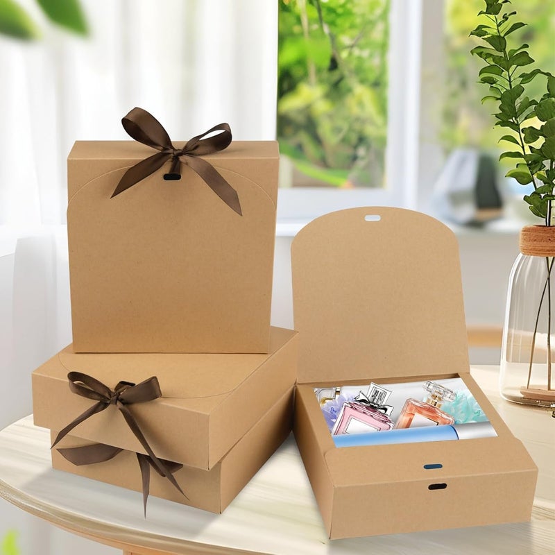 Gift Boxes with Lids 16x16x7cm Brown kraft Cardboard Gift Box Bridesmaid Proposal Box with Ribbon for Weddings Birthday Festivals Christmas Party Presents (10 Pack) - Image 3