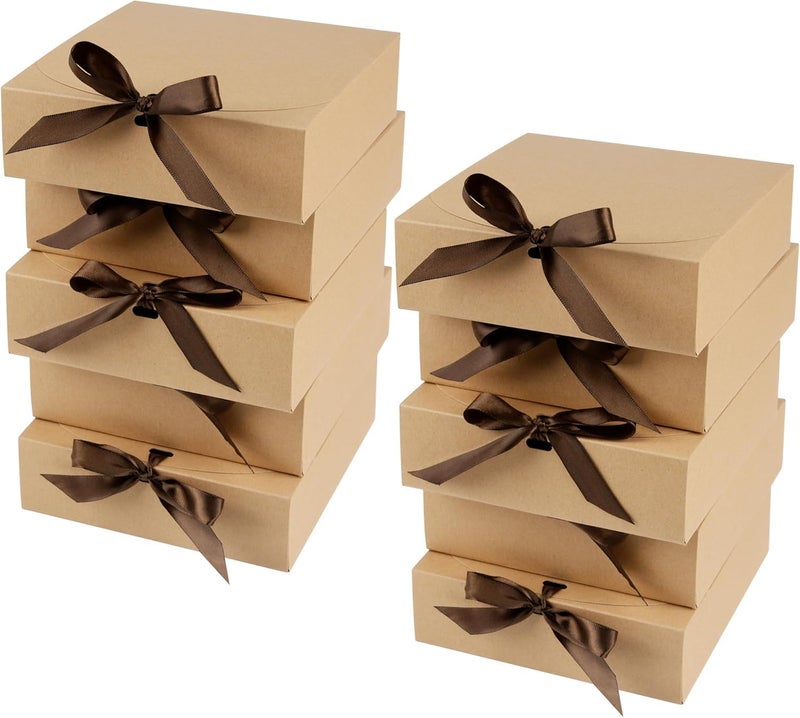 Gift Boxes with Lids 16x16x7cm Brown kraft Cardboard Gift Box Bridesmaid Proposal Box with Ribbon for Weddings Birthday Festivals Christmas Party Presents (10 Pack) - Image 1
