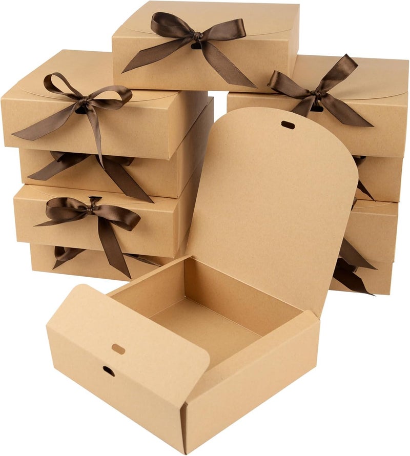 Gift Boxes with Lids 16x16x7cm Brown kraft Cardboard Gift Box Bridesmaid Proposal Box with Ribbon for Weddings Birthday Festivals Christmas Party Presents (10 Pack) - Image 2