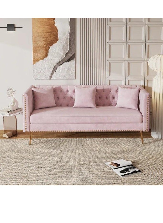 Wooden Twist Modern Sofa Elegant Velvet Seating 3 Seater Sofa Set ( Pink ) - Image 1