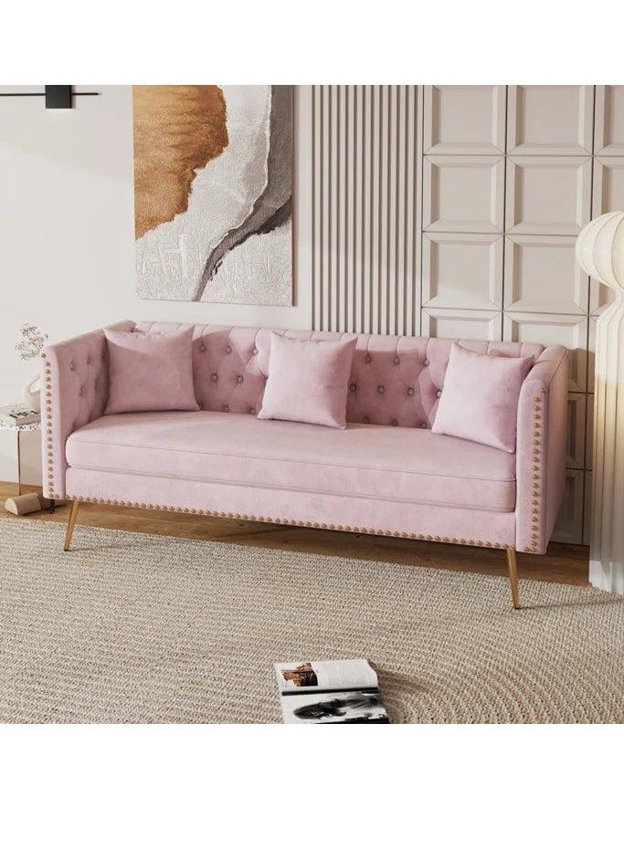 Wooden Twist Modern Sofa Elegant Velvet Seating 3 Seater Sofa Set ( Pink ) - Image 2