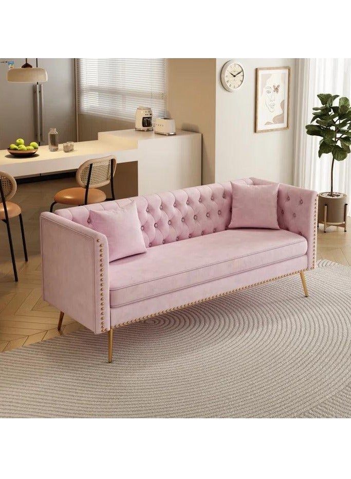 Wooden Twist Modern Sofa Elegant Velvet Seating 3 Seater Sofa Set ( Pink ) - Image 4