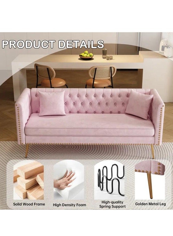 Wooden Twist Modern Sofa Elegant Velvet Seating 3 Seater Sofa Set ( Pink ) - Image 5