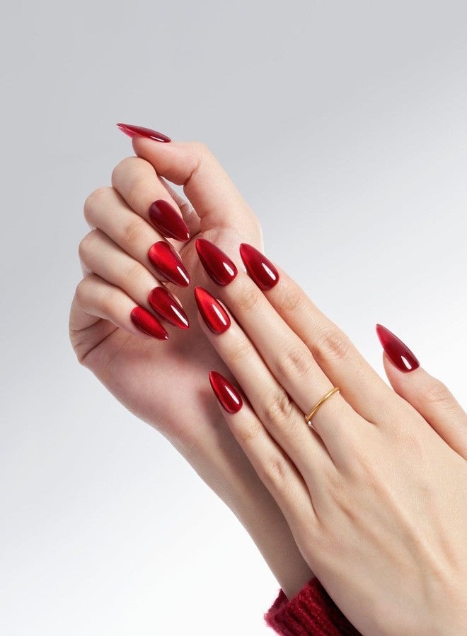 Sparkling Nailon Red Cat Eye Glossy Press On Nails for Women | Long-Lasting Round Shape Stick On Nail Extensions | Reusable Artificial Nails Kit with Glue Tabs | Pack of 14 | Easy DIY Manicure Set - Image 2