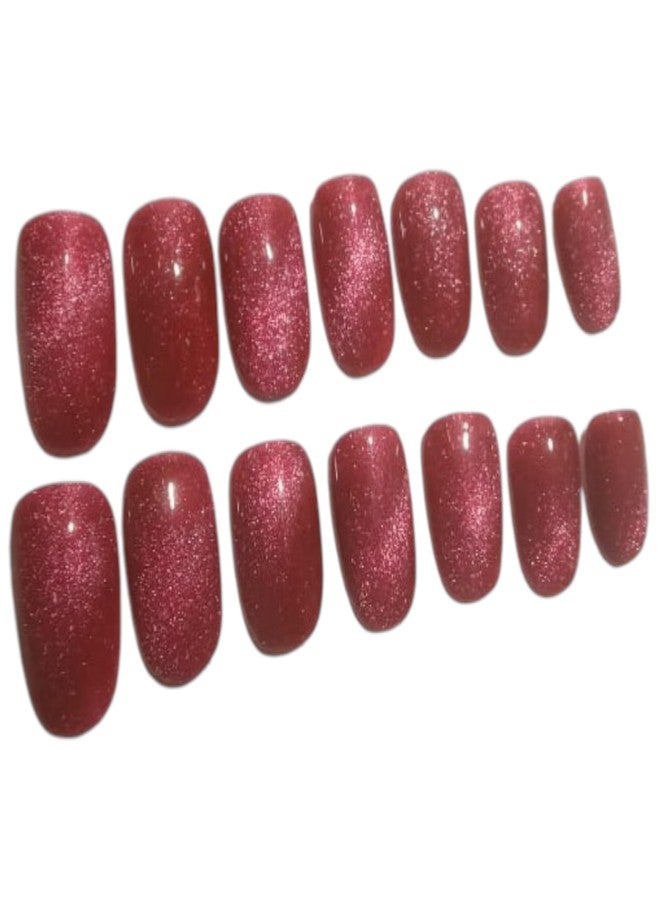 Sparkling Nailon Red Cat Eye Glossy Press On Nails for Women | Long-Lasting Round Shape Stick On Nail Extensions | Reusable Artificial Nails Kit with Glue Tabs | Pack of 14 | Easy DIY Manicure Set - Image 4