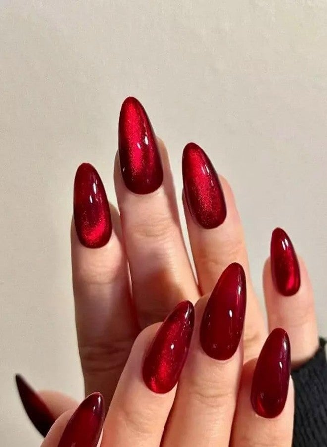 Sparkling Nailon Red Cat Eye Glossy Press On Nails for Women | Long-Lasting Round Shape Stick On Nail Extensions | Reusable Artificial Nails Kit with Glue Tabs | Pack of 14 | Easy DIY Manicure Set - Image 1