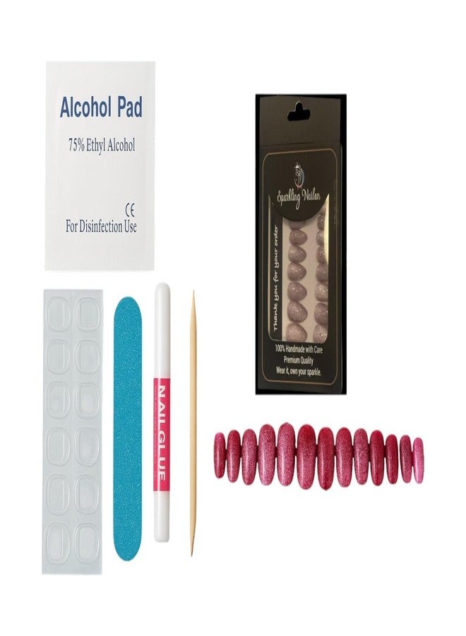 Sparkling Nailon Red Cat Eye Glossy Press On Nails for Women | Long-Lasting Round Shape Stick On Nail Extensions | Reusable Artificial Nails Kit with Glue Tabs | Pack of 14 | Easy DIY Manicure Set - Image 5