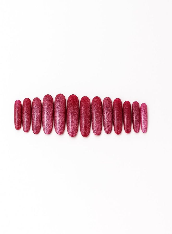 Sparkling Nailon Red Cat Eye Glossy Press On Nails for Women | Long-Lasting Round Shape Stick On Nail Extensions | Reusable Artificial Nails Kit with Glue Tabs | Pack of 14 | Easy DIY Manicure Set - Image 3