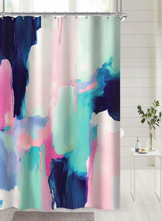 Riyidecor Abstract Watercolor Shower Curtain 60Wx72H Inch Blue Pink Aesthetic Modern Art Ombre Contemporary Colorful Girls Women Bathroom Decor Fabric Polyester Waterproof 12 Pack Hooks - Image 1