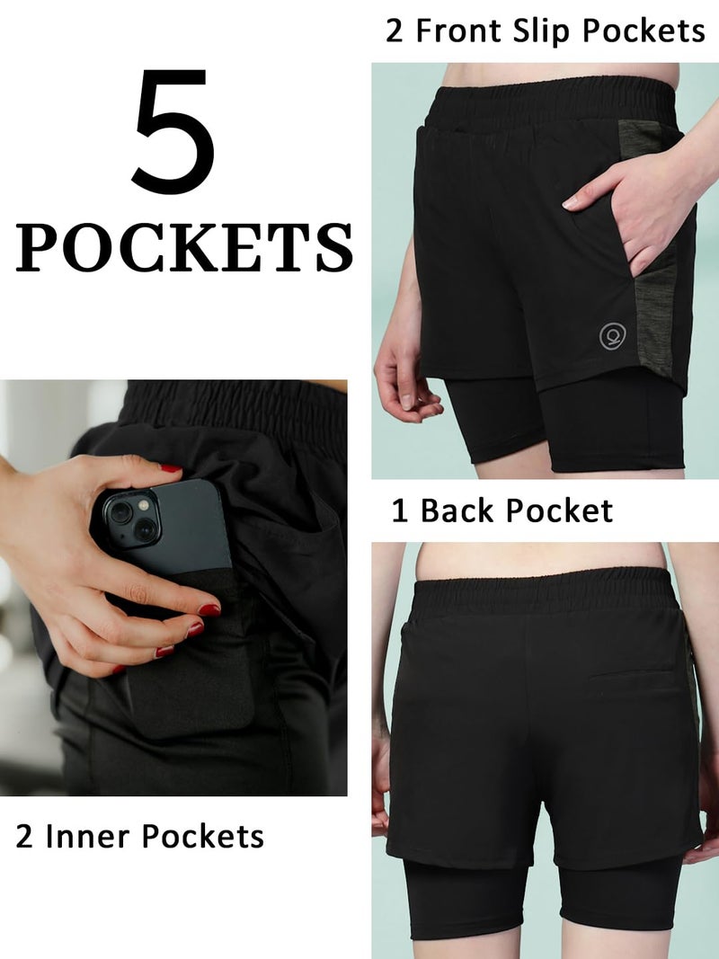 CHKOKKO Gym Shorts for Women Workout Sports Running Quick Dry Fit Double Layer Inner Compression with Pockets Breathable Lightweight Wear Olive 3XL - Image 3